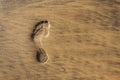 Single human barefoot footprint of left foot in brown yellow sand beach background, summer vacation or climate change concept