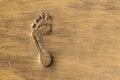 Single human barefoot footprint of left foot in brown yellow sand beach background, summer vacation or climate change concept