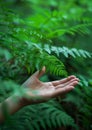 Gentle Hand Cradling a Delicate Fern Frond in a Lush Green Forest