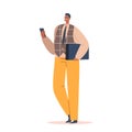 Single Indian or Pakistan Businessman Male Character Wear Brown Blazer and Yellow Pants Stand with Smartphone and Folder