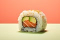 Single inside out sushi roll with rice, salmon fish, avocado and sesame Royalty Free Stock Photo