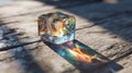 Close-up of a single ice cube refracting light with rainbow colors on wood Royalty Free Stock Photo