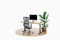 single isolated computer workspace on wooden podium with adjustable desk and plant freelance and home office concept 3D