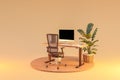 single isolated computer workspace on wooden podium with adjustable desk and plant freelance and home office concept 3D