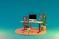 single isolated computer workspace on wooden podium with adjustable desk and plant freelance and home office concept 3D