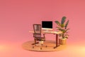 single isolated computer workspace on wooden podium with adjustable desk and plant freelance and home office concept 3D