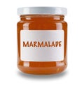 SIngle jar of Marmalade, with white label saying Marmalade, isolated on a white background