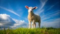 Single lamb under blue sky perspective from below plenty of copy space Generative AI Royalty Free Stock Photo