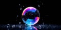 Single large bubble emerging from sparkling water, with tiny water droplets suspended around it, energetic Royalty Free Stock Photo