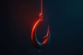 A single large silver hook hangs from a red rope against a dark background The hook is lit from the front in a warm reddish Royalty Free Stock Photo