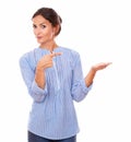 Single latin lady holding her left palm up Royalty Free Stock Photo