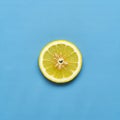A single lemon slice is placed against a solid blue background Royalty Free Stock Photo