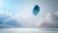 A single light blue balloon ascends into a dreamlike sky above a smooth, reflective surface. Generative AI Royalty Free Stock Photo