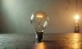 single light bulb with glowing yellow light is centered on dark surface, with blurred background white wall Royalty Free Stock Photo