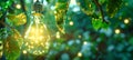 A single light bulb hangs amidst a blur of vibrant green leaves, casting a warm, inviting glow Royalty Free Stock Photo