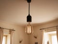 A single light bulb hangs from the ceiling in a cozy room. Royalty Free Stock Photo
