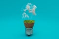 single lightbulb with green soil and clouds renewable clean energy concept 3D Illustration