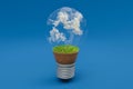 single lightbulb with green soil and clouds renewable clean energy concept 3D Illustration