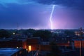 a single lightning bolt striking an antenna on a city rooftop