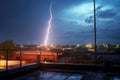 a single lightning bolt striking an antenna on a city rooftop