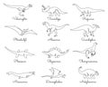 Single line dinosaurs. Jurassic dino, predators and herbivores prehistoric animals hand drawn one line dinosaur