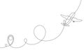 Single line drawing of airplane flight path with start point, one line art of jet airliner takeoff