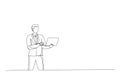 Single line drawing of attractive guy agent broker holding in hands laptop