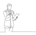 Single line drawing of business man standing up while holding a paper and giving thumbs up gesture. Business presentation concept