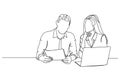 single line drawing of businessman and businesswoman discussing documents Royalty Free Stock Photo