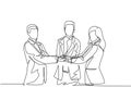 Single line drawing of businessmen and business women handshaking each other. Great teamwork commitment. Business deal concept Royalty Free Stock Photo