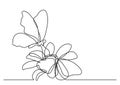 Single line drawing of butterfly and flowers