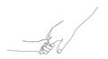 single line drawing of child holding finger of mothers hand