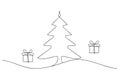 Single line drawing of a Christmas tree with two gift boxes Royalty Free Stock Photo