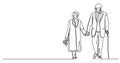 single line drawing of elderly couple walking hand in hand Royalty Free Stock Photo