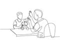 Single line drawing of of father accompany his kid playing a robot action figure model kit and gives high five gesture. Parenting