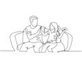 Single line drawing of father and daughter sitting on couch playing console video game together and giving high five gesture.