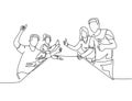 Single line drawing group of young happy businessmen and businesswomen giving thumbs up gesture together. Business meeting concept