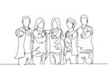 Single line drawing group of young happy businessmen and businesswomen standing up and giving thumbs up gesture together. Business