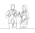 Single line drawing group of young happy couple businessman and businesswoman standing up together giving thumbs up gesture.