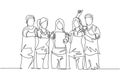 Single line drawing group of young happy entrepreneur show the award certificate and giving thumbs up gesture together. Business