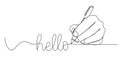 single line drawing of hand writing word HELLO with ballpoint pen Royalty Free Stock Photo