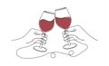 single line drawing of hands clinking glasses with red wine