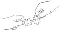 single line drawing of hands of two people connecting puzzle pieces Royalty Free Stock Photo