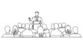 single line drawing of keynote speaker and audience at business conference