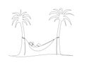 single line drawing of person relaxing in hammock between palm trees