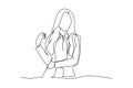Single line drawing smiling attractive business woman in her office standing with confident. Female enjoying work from home