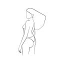 Single line drawing of a standing woman in underware from back. Isolated on white background.