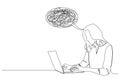 single line drawing of stressed or confued woman using laptop computer