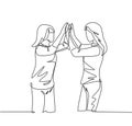 Single line drawing of two best friends girls reunite and giving high five gesture when meeting at the street. Friendship concept Royalty Free Stock Photo