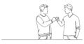 single line drawing of two guys doing a fist bump